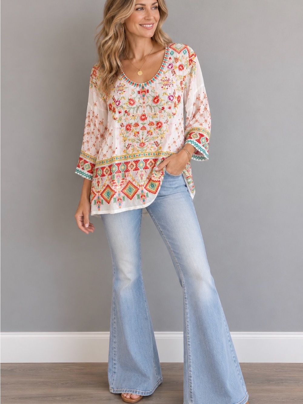 Johnny Was Sandra Blouse White  Multicolor Floral Heavily Embroidered RUNS LARGE